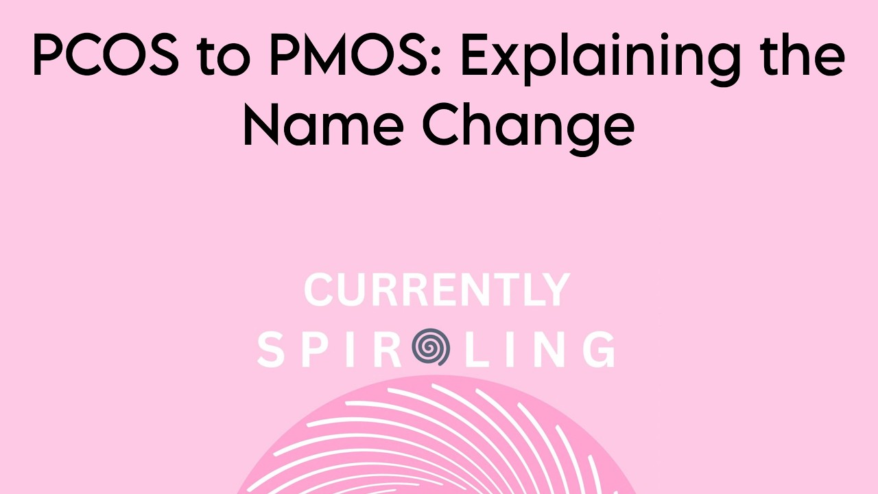 Episode artwork for PCOS to PMOS: Explaining the Name Change, pink with the Currently Spiraling logo