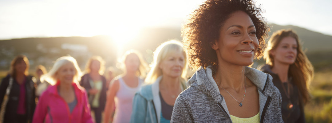 Group of smiling women walking along a nature path