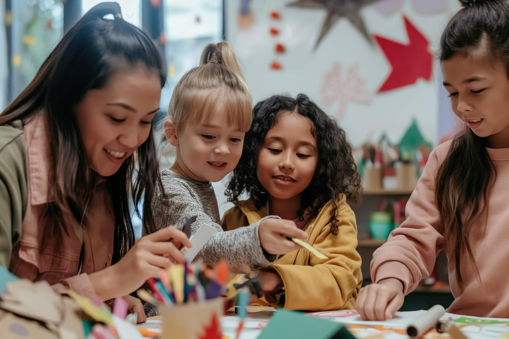 Teacher doing arts and crafts with 3 young children