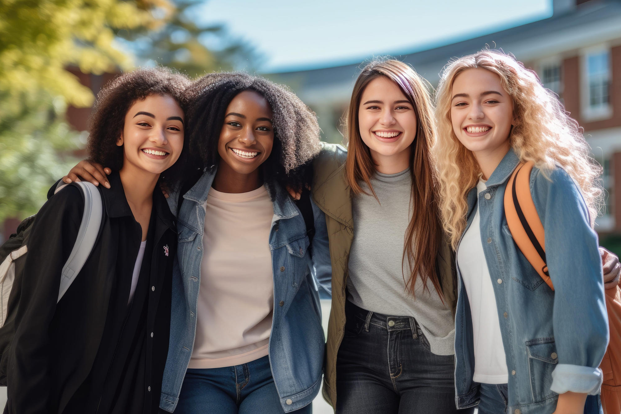 Four young women friends smiling with arms around each others' shoulders