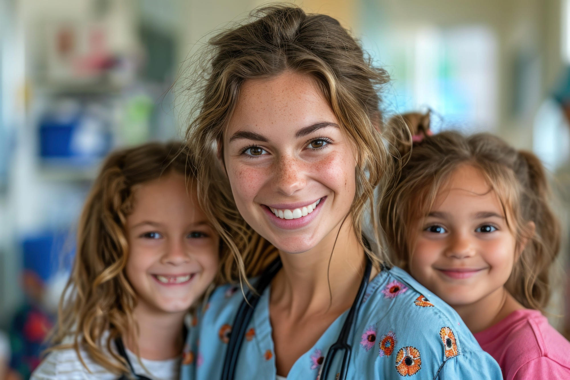 Smiling woman wearing scrubs and stethoscope with two young girls in hospital corridor