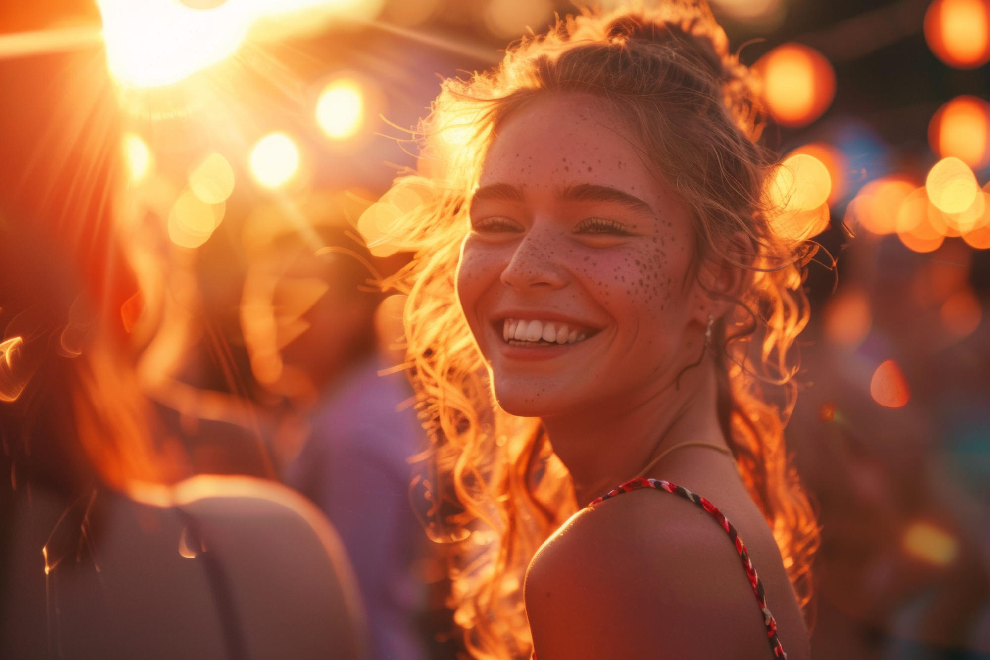 Smiling woman with freckles lit up by sunlight in a crowd of people