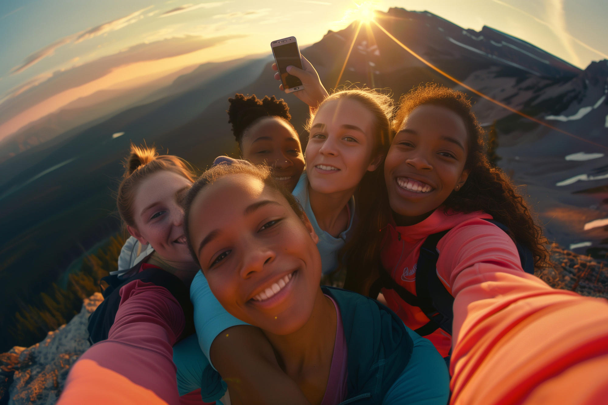 Selfie of group of friends of different ethnicities on trip at sunset